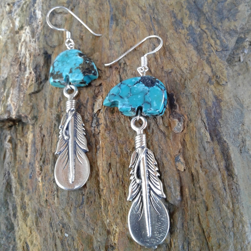 Sterling Silver Turquoise Bear Feather Earrings - Picture 6 of 7